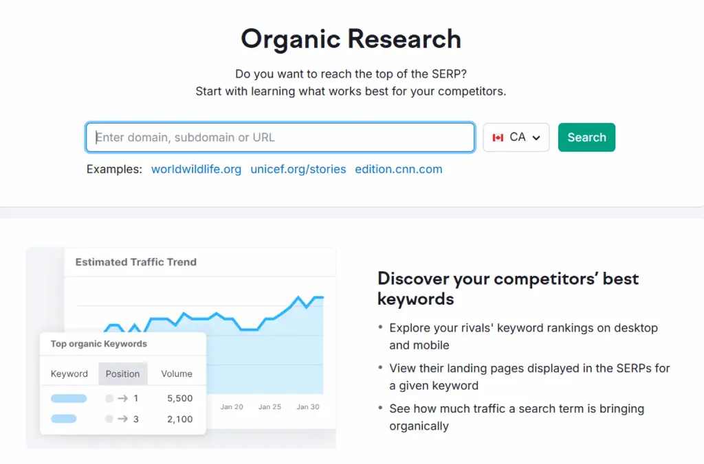 Screenshot of organic research tool provided by Semrush to grow your small business.