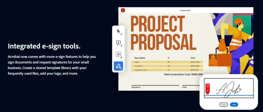 Screenshot from Adobe featuring Acrobat e-sign tools
